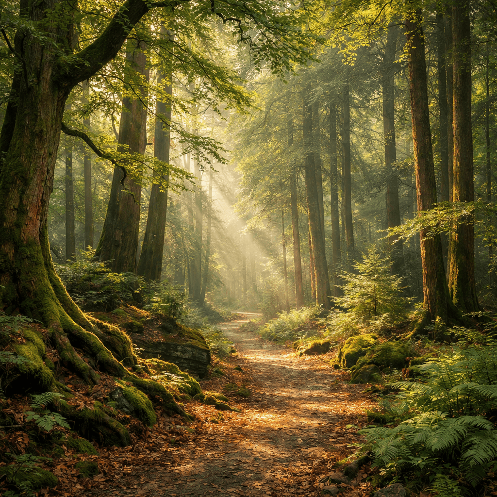 Forest trail with sunlight filtering through tall trees and green plants